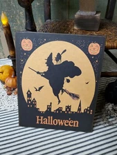 VINTAGE DECO VICTORIAN PRIMITIVE STYLE HALLOWEEN WITCH FLYS MOON PUMPKINS SIGN