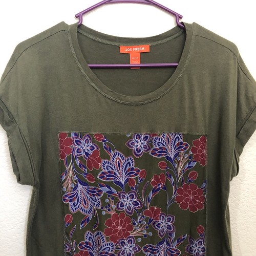 JOE FRESH Womens XS Mixed Media Short Sleeve T-Shirt Top Olive Green Floral - Picture 3 of 13