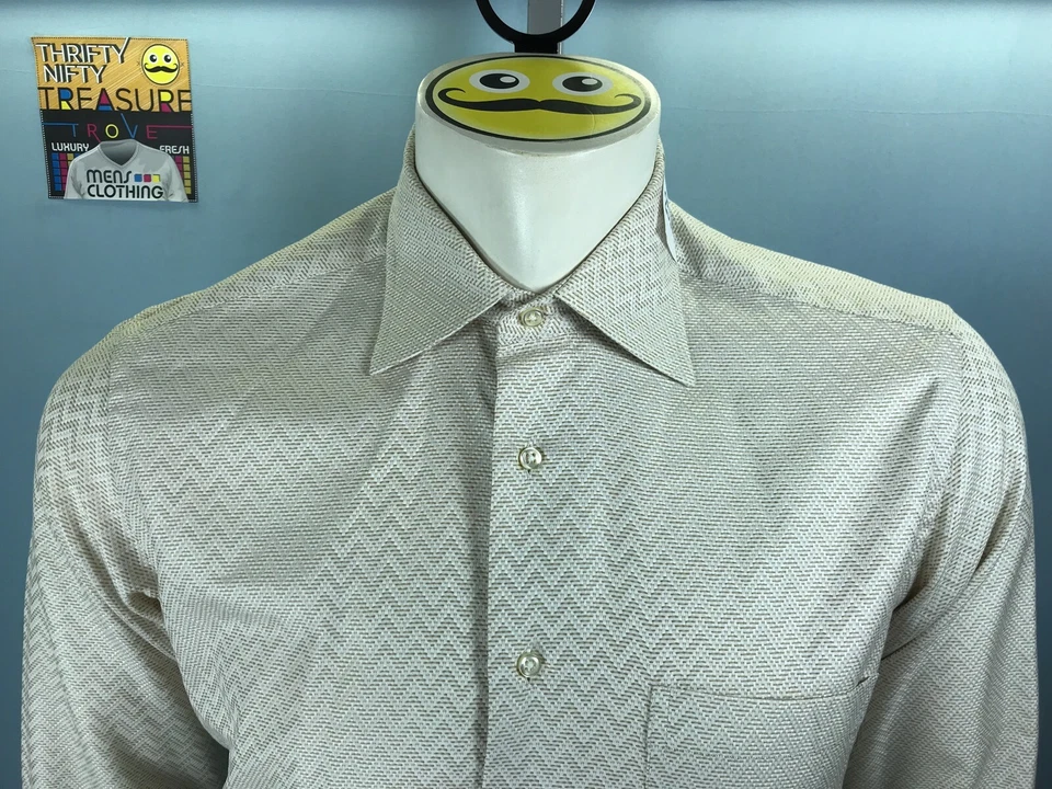 Mens Umberto Ferrari Italy 15.5 Medium 39 Ivory Eggshell Woven Zig-Zag BD Shirt - Image 2 of 4