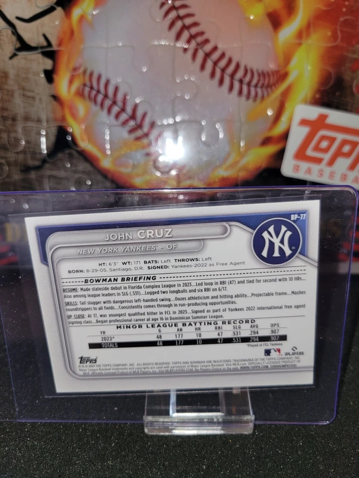 2024 Bowman #BP-77 John Cruz Prospects Neon Green #/399 SN New York Yankees - Image 2 of 2