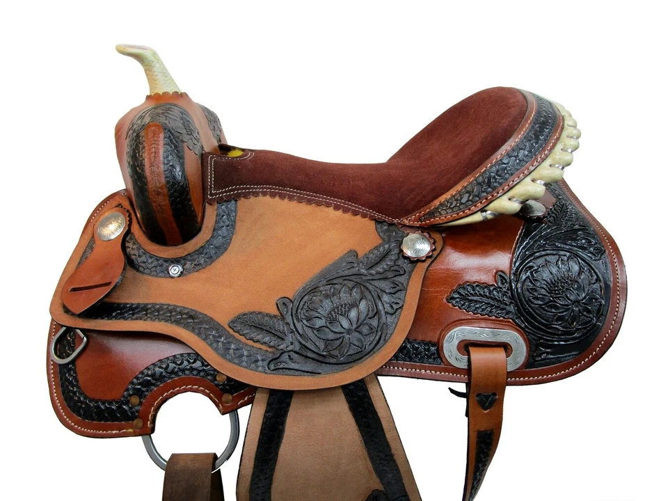 Western Saddle Trail Horse Barrel Racing Pleasure Tack de cuero usado 15 16 17 18 Foto 3 de 4