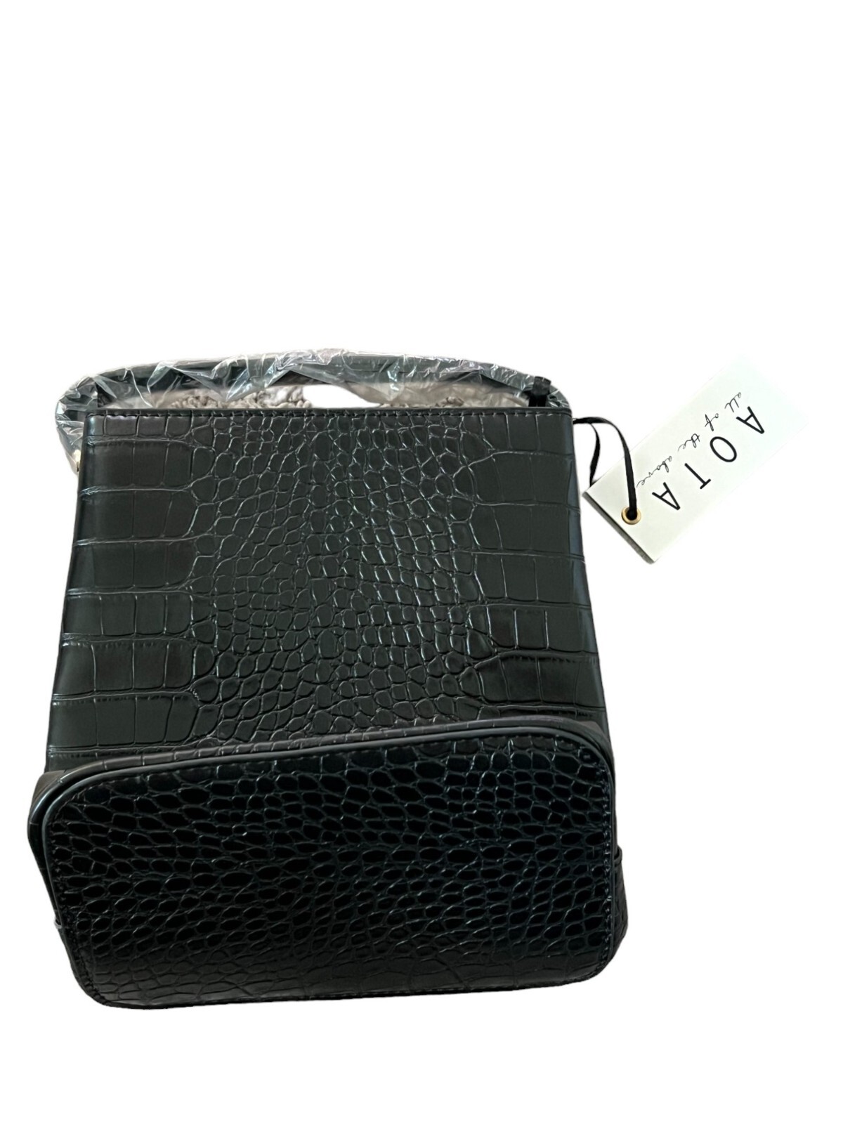 AOTA Women’s NWT Handbag Black Crossbody Croc Faux Leather Double Compartments