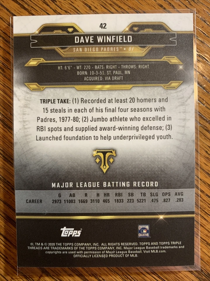 2020 Topps Triple Threads Thick Stock Base Card - DAVE WINFIELD Padres #42 - Image 2 of 2