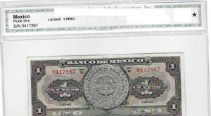 MEXICO - BANCO DE MEXICO  1 PESO  SERIES R P-38B 1943 (RARE SERIES)  VF