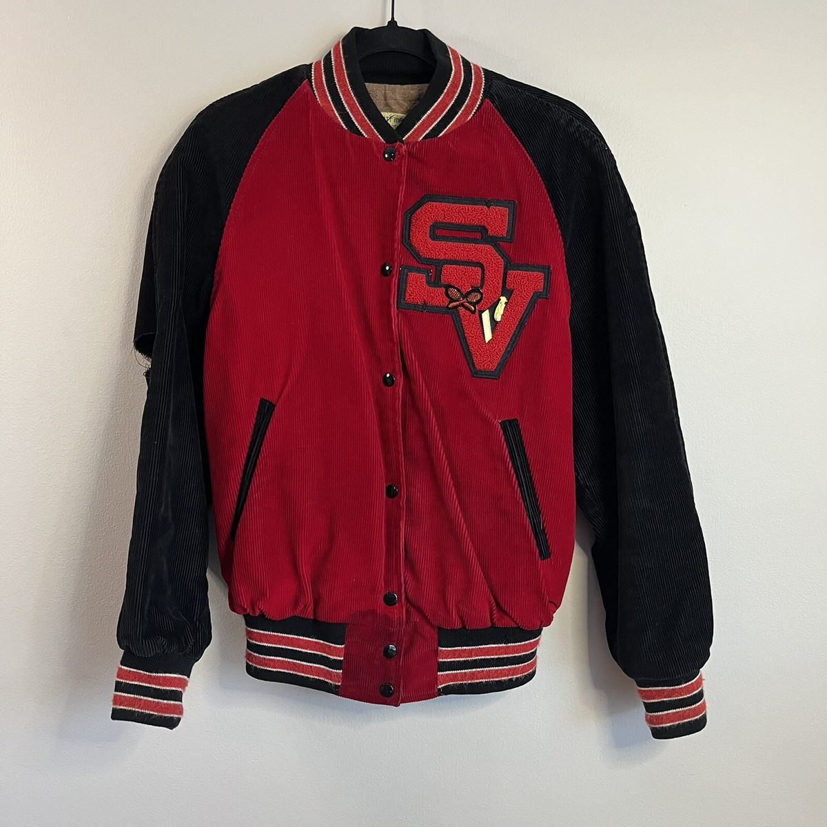 Vintage 90s Corduroy Varsity Jacket Sz S/M Red Black Letterman