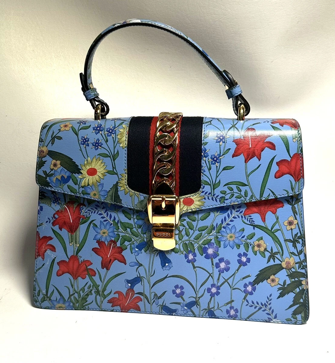 Grand sac Gucci GG Sylvie bleu à fleurs poignée supérieure ! (WMP010248)