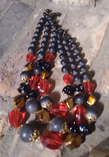 Necklace Vintage West Germany Red Black Gold Bead Gold Tone 18 Inch Bohemian