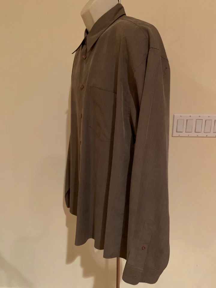 Camisa elegante ALFANI para hombre color topo a cuadros microfibra manga larga con botones XL Foto 3 de 4