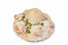 Vintage 1940s Cellophane Straw Hat Wide Brim Pink Floral Millinery Garden Party