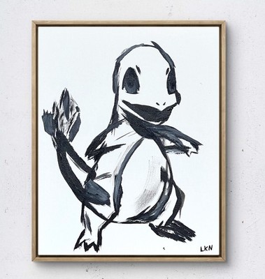 Laeknapes Charmander Original Abstract Painting 14X11 Canvas Pokemon Monochrome