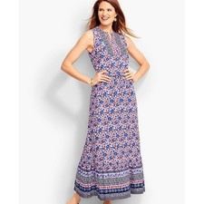 Talbots Women Blue Red Floral Maxi Dress Sleeveless Drawstring Waist Size 16