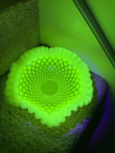 Vintage Fenton Yellow Vaseline Glass Hobnail Ruffles Candy Dish Uranium Glass