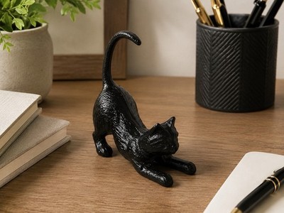 Cast Iron Playful Black Cat Figurine Garden Statue Paperweight Doorstop Bookend