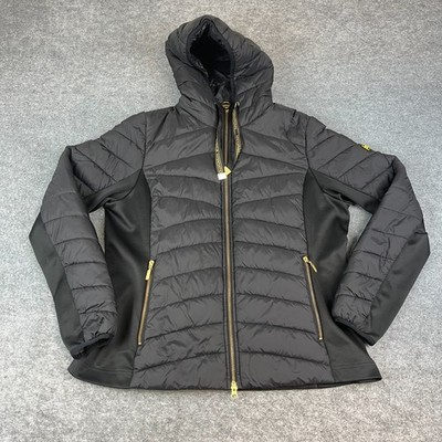 Barbour International Grid Steppjacke schwarz gold Reißverschluss Kapuze Damen UK 18