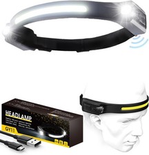 LED Head Torch Rechargeable, 2 Spot 1200LM Headtorch with Motion Sensor Control