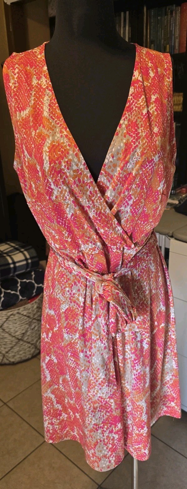 INC International Concepts Pink Orange Animal Print Wrap Dress Belted L