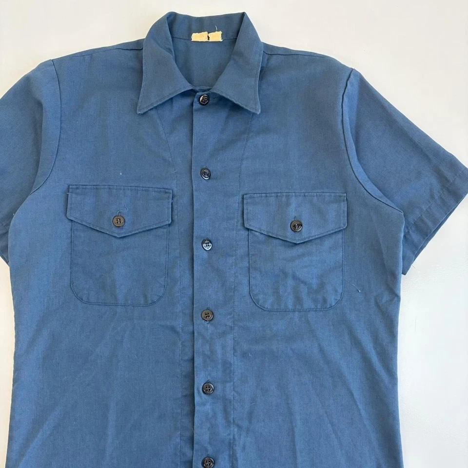 Camisa de Trabajo Militar Vintage Años 70 Azul Marino Utilidad Botón Frontal Talla Mediana Foto 2 de 4