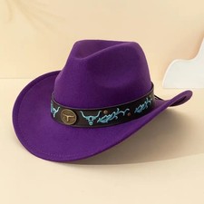 Purple Western Cowboy Hat Bull  Turquoise Band Adjustable Felt Wide Brim