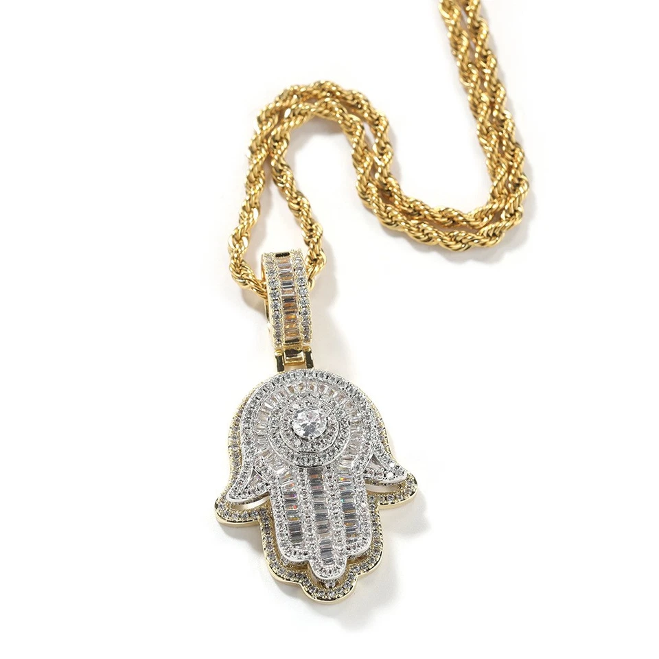 Fatimas Hand Hip Hop Schmuck Gold Füllung Full Micro Pave Zirkone Anhänger Halskette - Bild 4 von 4