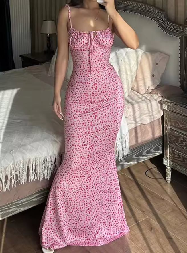 Summer floral midi dress spaghetti strap tie-up sexy vintage dresses females