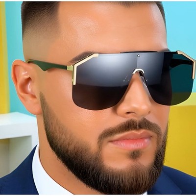 Shield Sunglasses Men Gold Accents Oversized Fashion Visor Sun Glasses Lentes