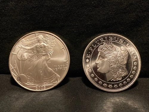 2 Troy Oz .999 Fine Silver - 2005 BU ASE & Morgan Dollar Design Lot Of 2 Coins