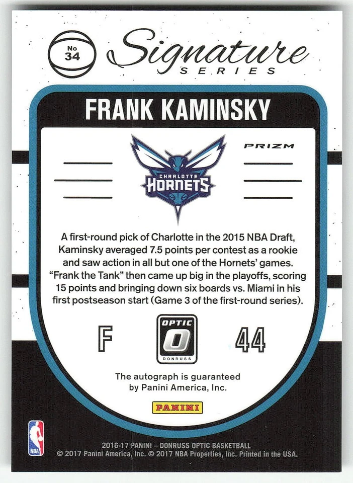 2016-17 Donruss Optic #34 Frank Kaminsky 篮球 夏洛特黄蜂队 — 第 2/2 张图片