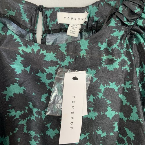 NWT Topshop Sz 2 Green Black Floral Taffeta Drama Balloon Sleeve Blouse RHOBH - Picture 7 of 9