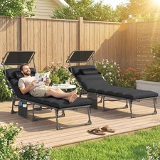 Folding Sun Loungers Set of 2 with Canopy, Sun Bed with Cushion, Black