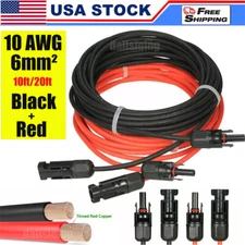 10 AWG Solar Panel Extension Cable PV Wire Solar Connectors Pair Black Red 6mm²