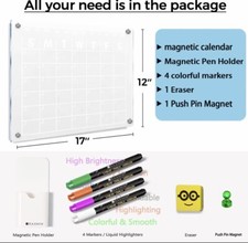 Magnetic Acrylic Calendar for Fridge 17"X12" Clear Dry Erase Calendar Board for