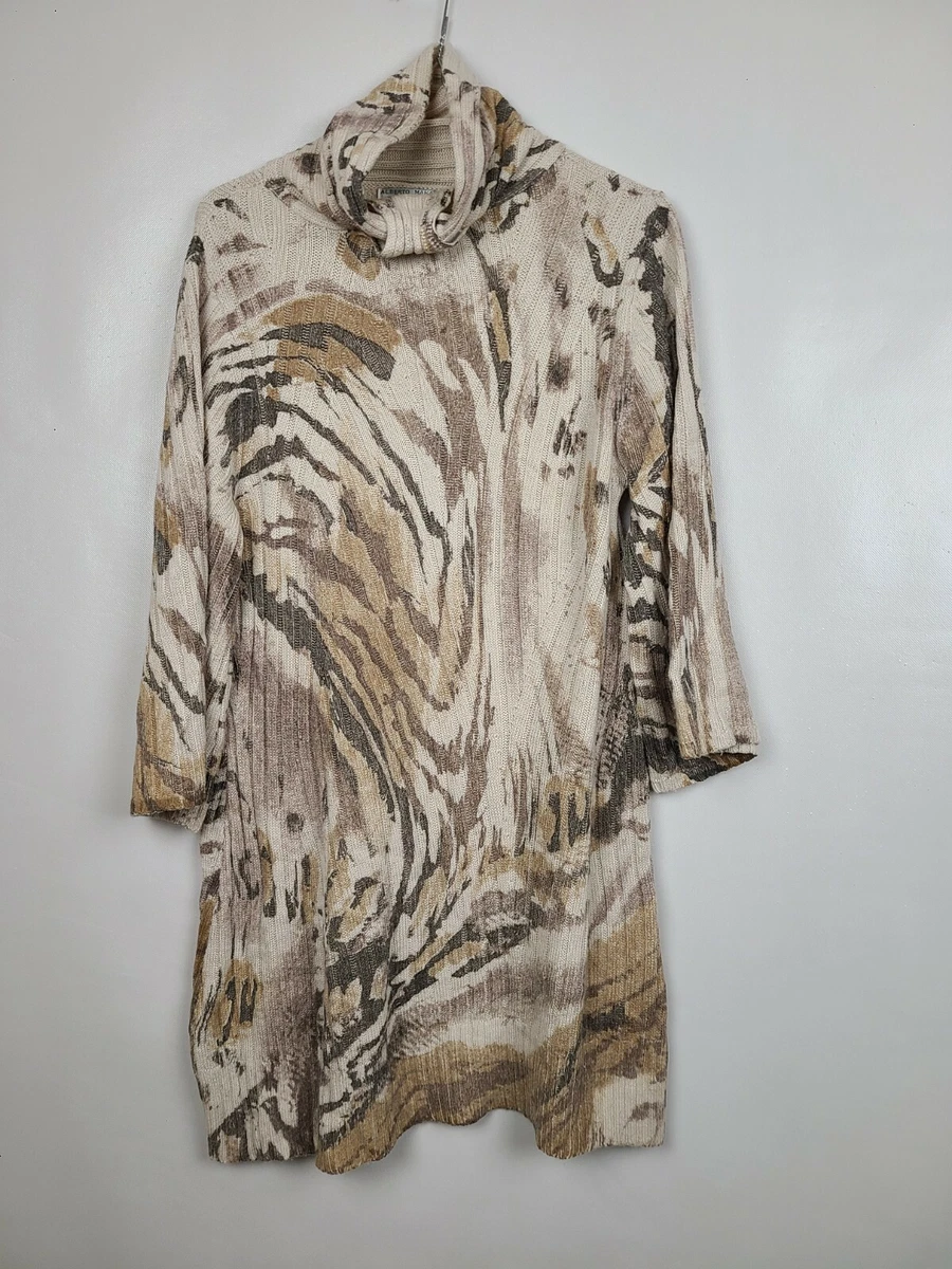 Alberto Makali Womens Tunic Sweater Medium Cream Brown Flare Sleeve Cowl Neck