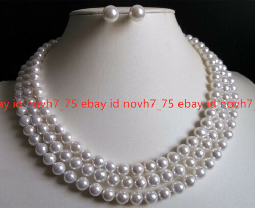 3 Reihen 8mm Weiß Muschel Perlen Runde Halskette Ohrringe 17-19 Zoll - Bild 1 von 12