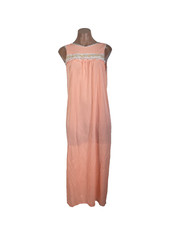 Vintage 60s Peach Nylon Floral Lace Nightgown Size M Negligee Dress USA MADE