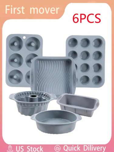 6pcs Gray Silicone Baking Tools Kit Non-Stick Baking Trays, Cake, Bread, Muffin