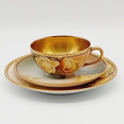 3-tlg. Set Tee- Prunk- Gedeck Rose THOMAS Royal Bayreuth BAVARIA um 1920 Gold 