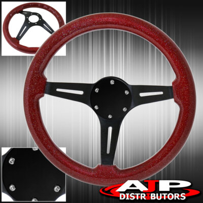Deep Dish 345mm Steering Wheel Red Wood Black Center + Horn Button Delete Plate
