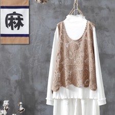 Damen Gestrickt Hollow-Out Tanktop Baumwolle Gehäkelt Ethnisch Retro Khaki