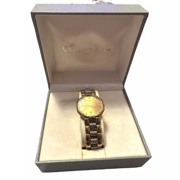 Montre femme vintage Christian Dior quartz dateGoldVisitplated, cadran blanc