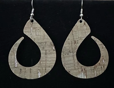 Artisan Earrings Sage Silver Tone Lightweight Cork Leather Teardrop Hook Dangle - Image 1 of 4