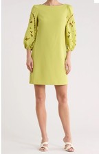 Vince Camuto Pear Green Eyelet Puff Sleeve Crepe Short Shift Dress 4 NEW