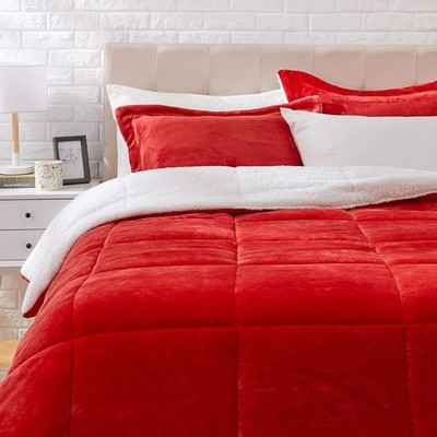 Amazon Basics Ultra-Soft Micromink Sherpa 3-Piece Comforter Bed Set, King, Red,
