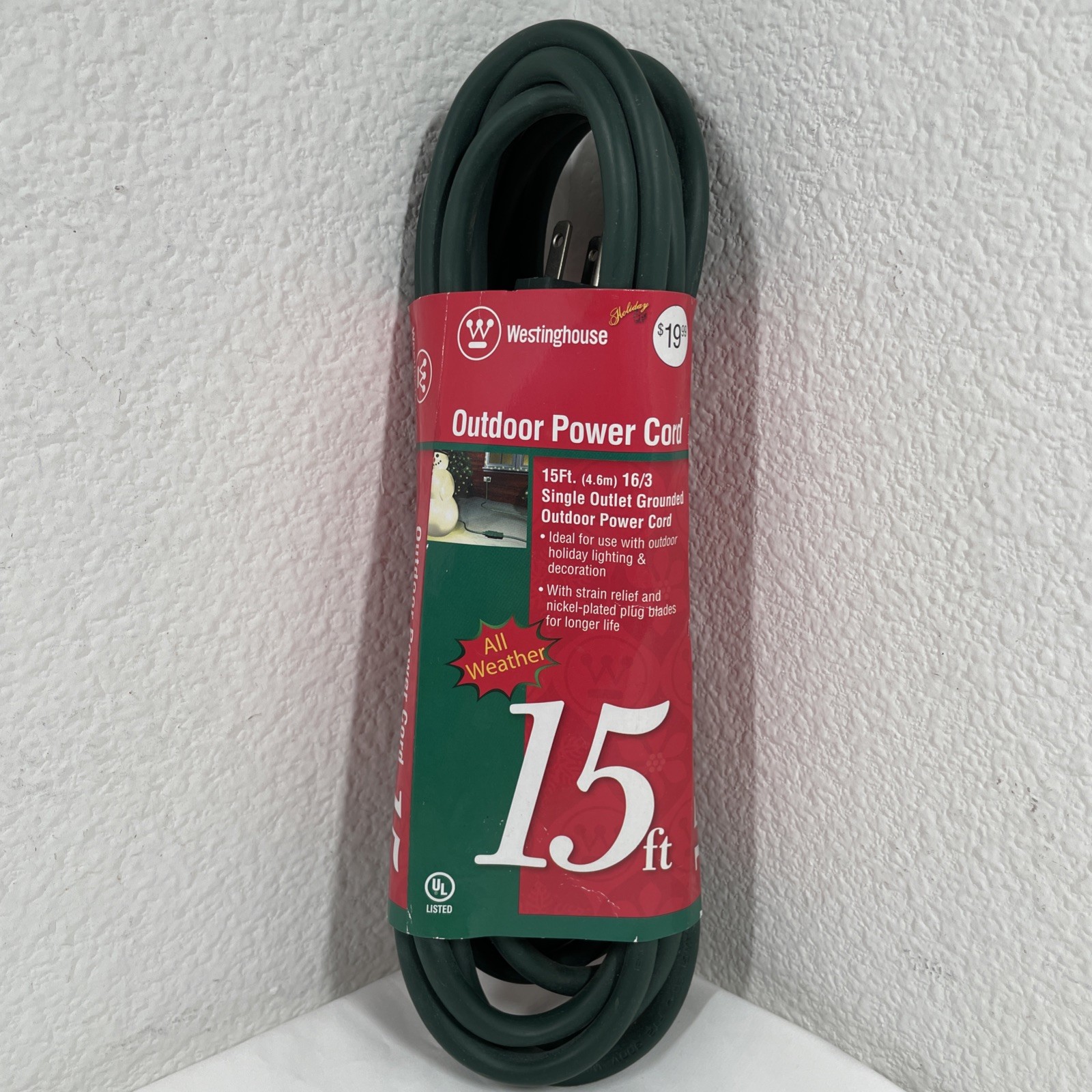 Westinghouse Grounded Outdoor Power Cord Green 15' Medium Duty All Weather BNIP