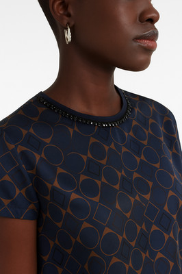 £280 authentisches S Max Mara marineblaues geometrisches Seidentop, verzierter Ausschnitt, 6 UK