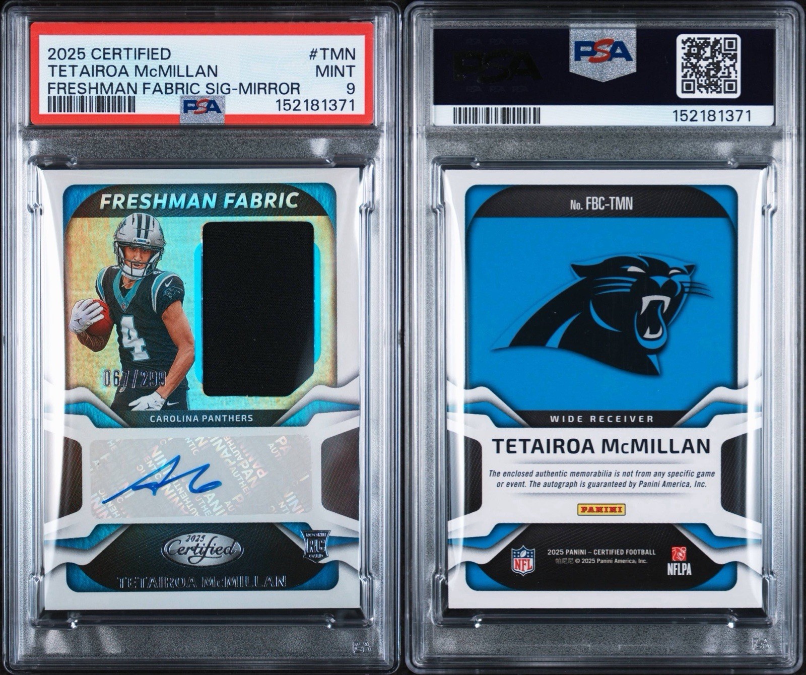 2025 Panini Certified Freshman Fabric Signatures Tetairoa McMillan /299 PSA 9 view 3