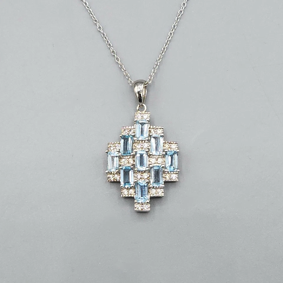 Stauer Rascacielos Plata Esterlina Topacio Azul Baguette Colgante Collar 18" 4.8g Foto 3 de 4