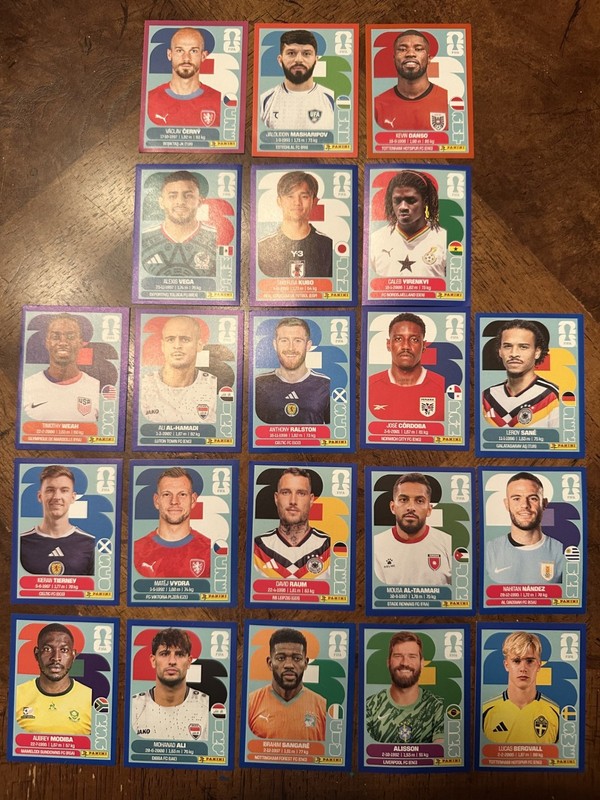 2026 Panini World Cup Sticker Parallel Lot- 1 Purple, 1 Red, 1 Orange, & 18 Blue