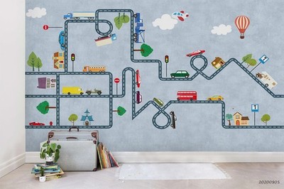 3D Cartoon Cars Road Map Wall Murals Wallpaper Murals Wall Sticker