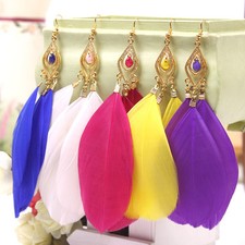 Vintage Bohemia Handmade Feather Long Eardrop Dangle Earrings Colourful Gift
