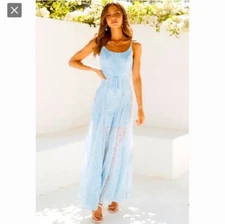 Hello Molly Girls in Spain Blue Eyelet Lace Sleeveless Maxi Dress Size Small